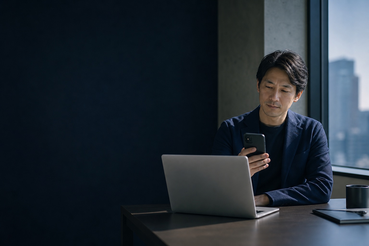 ノートパソコンの前で、スマートフォンを使い重要操作を確認する人